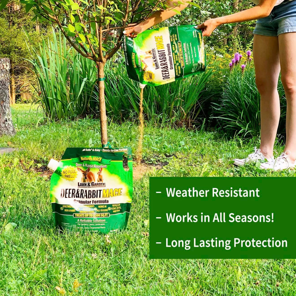 Nature's MACE bag next to small shrub showing 25 lb size reference