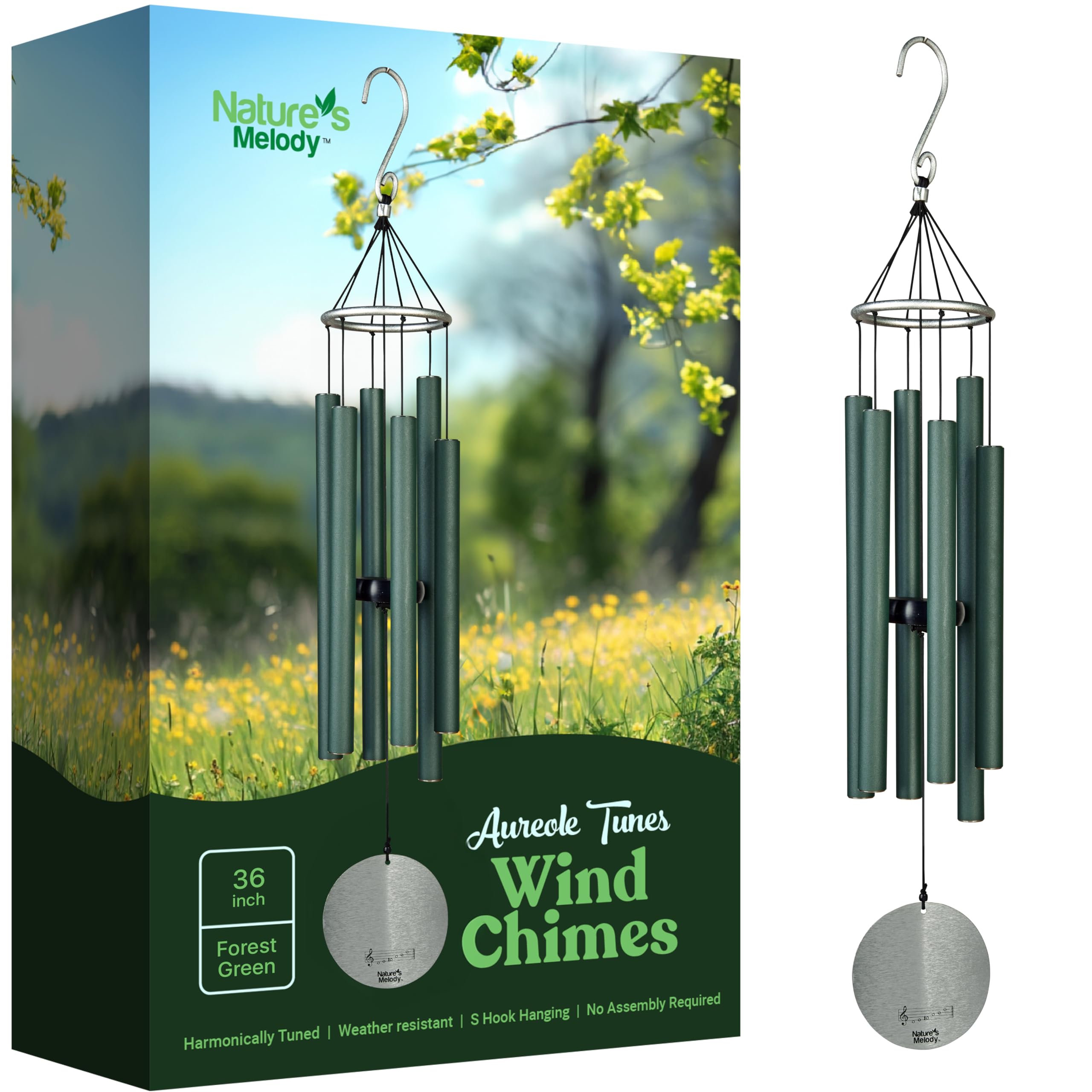 Nature's Melody front view of Aureole Tunes wind chimes showing all six tubes and sail for visual harmony