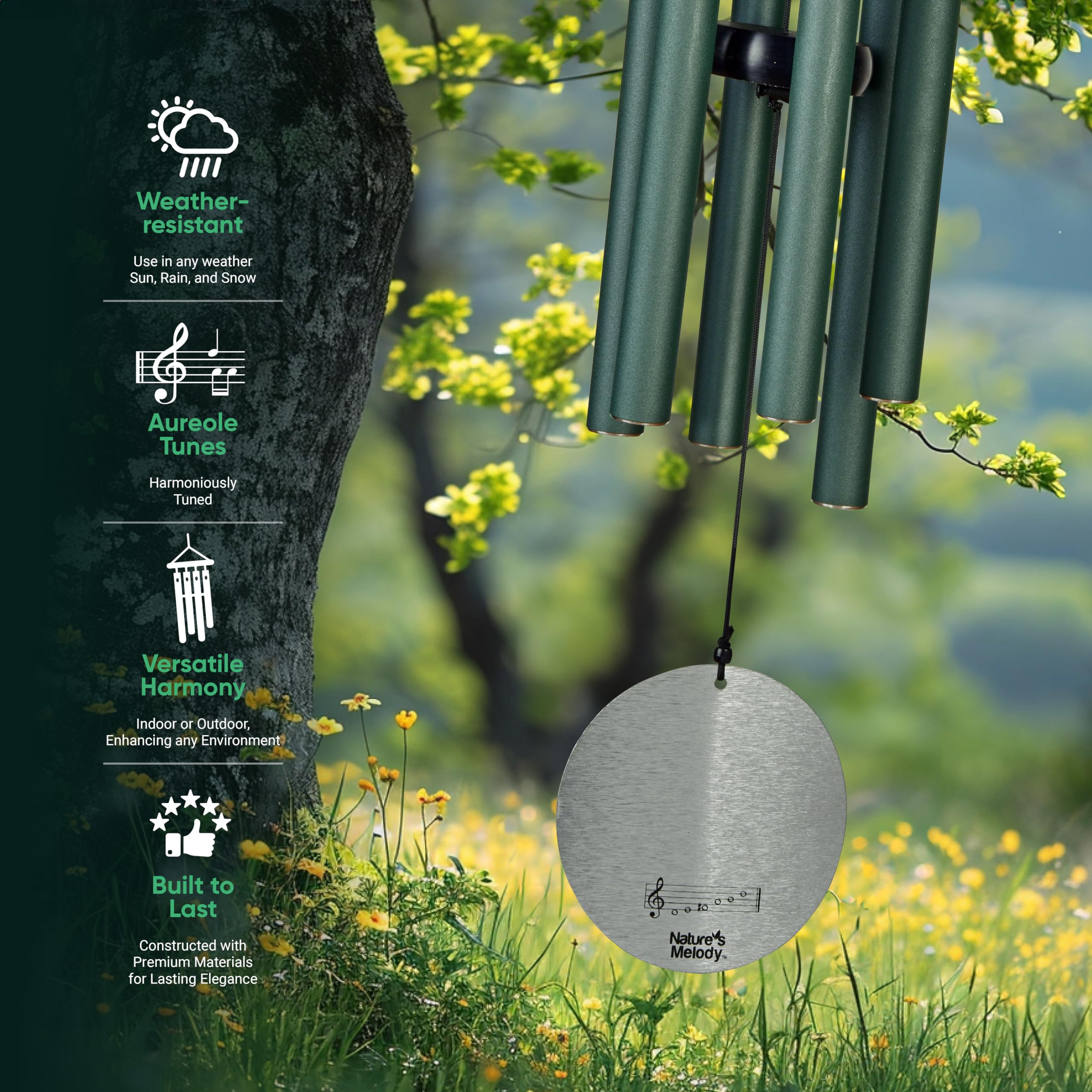 Nature's Melody Aureole Tunes hanging on a porch creating calming outdoor ambiance and decor benefit
