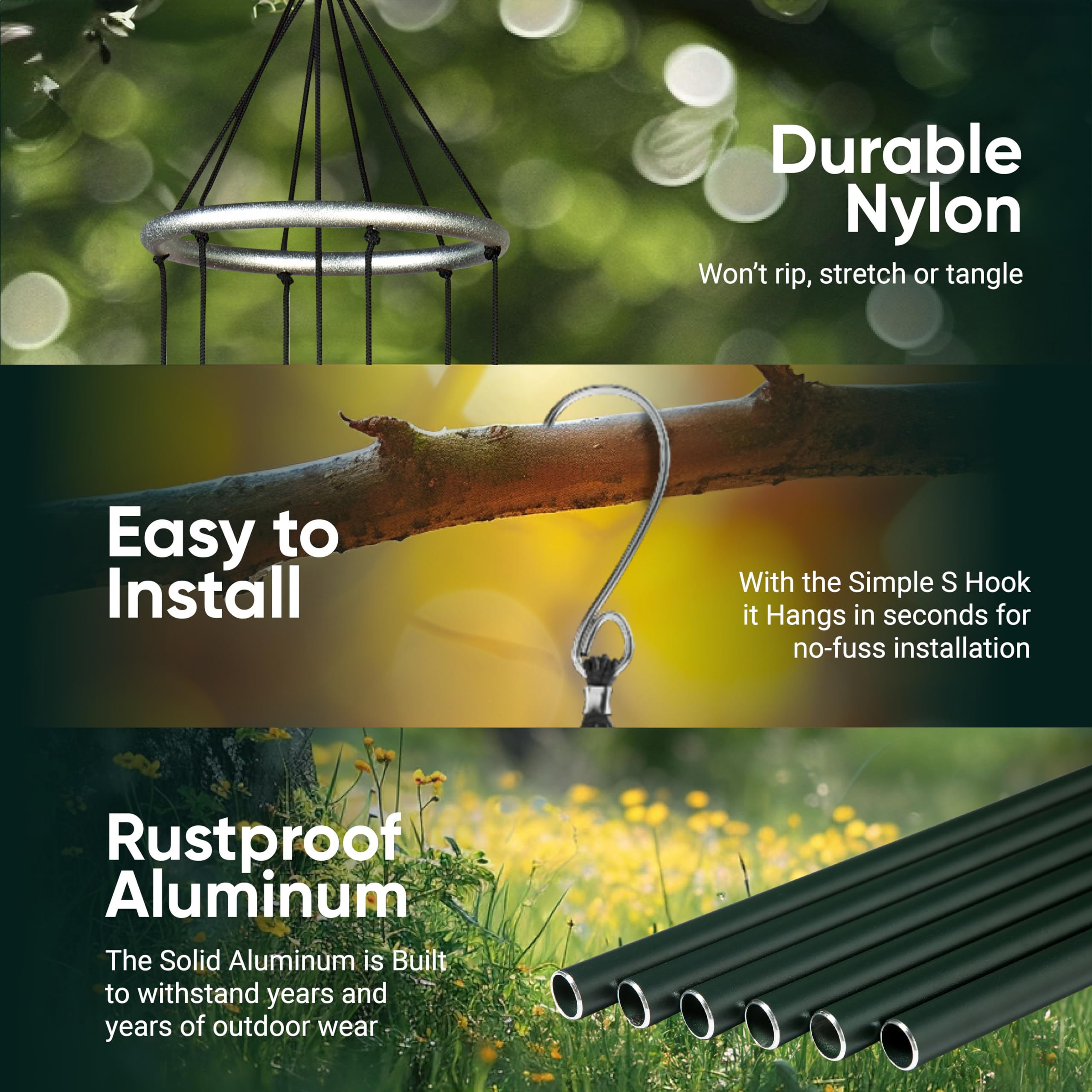 Nature's Melody product packaging with included S-hook and instructions for quick setup and delivery benefit