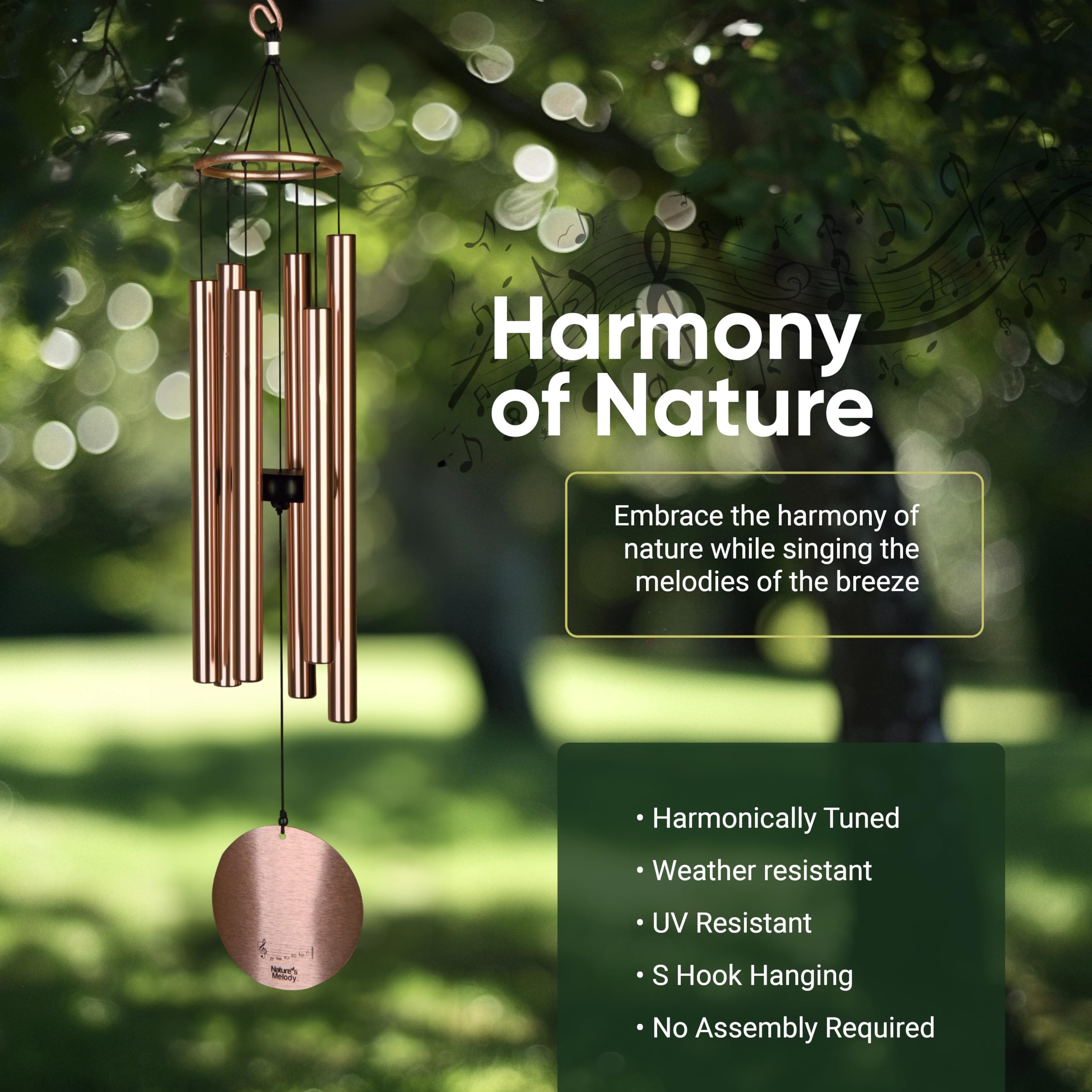 Nature's Melody wind chime hung in garden creating calming outdoor ambiance