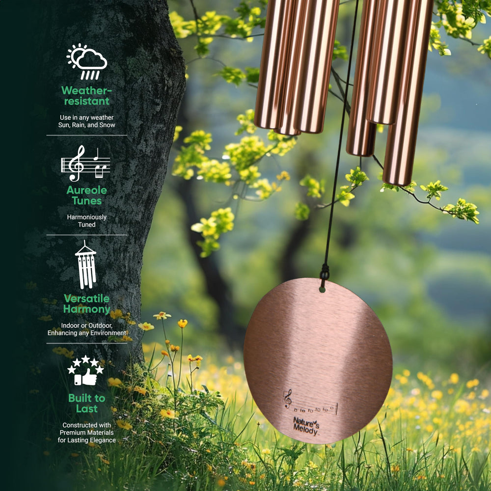 Nature's Melody diagram showing six tubes tuned to E pentatonic for harmonious sound