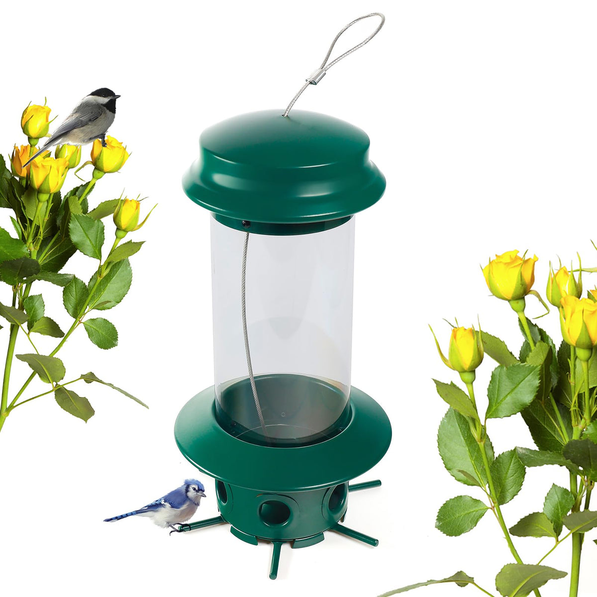 Nature's Rhythm front view of hanging tube feeder showing overall design and bird access