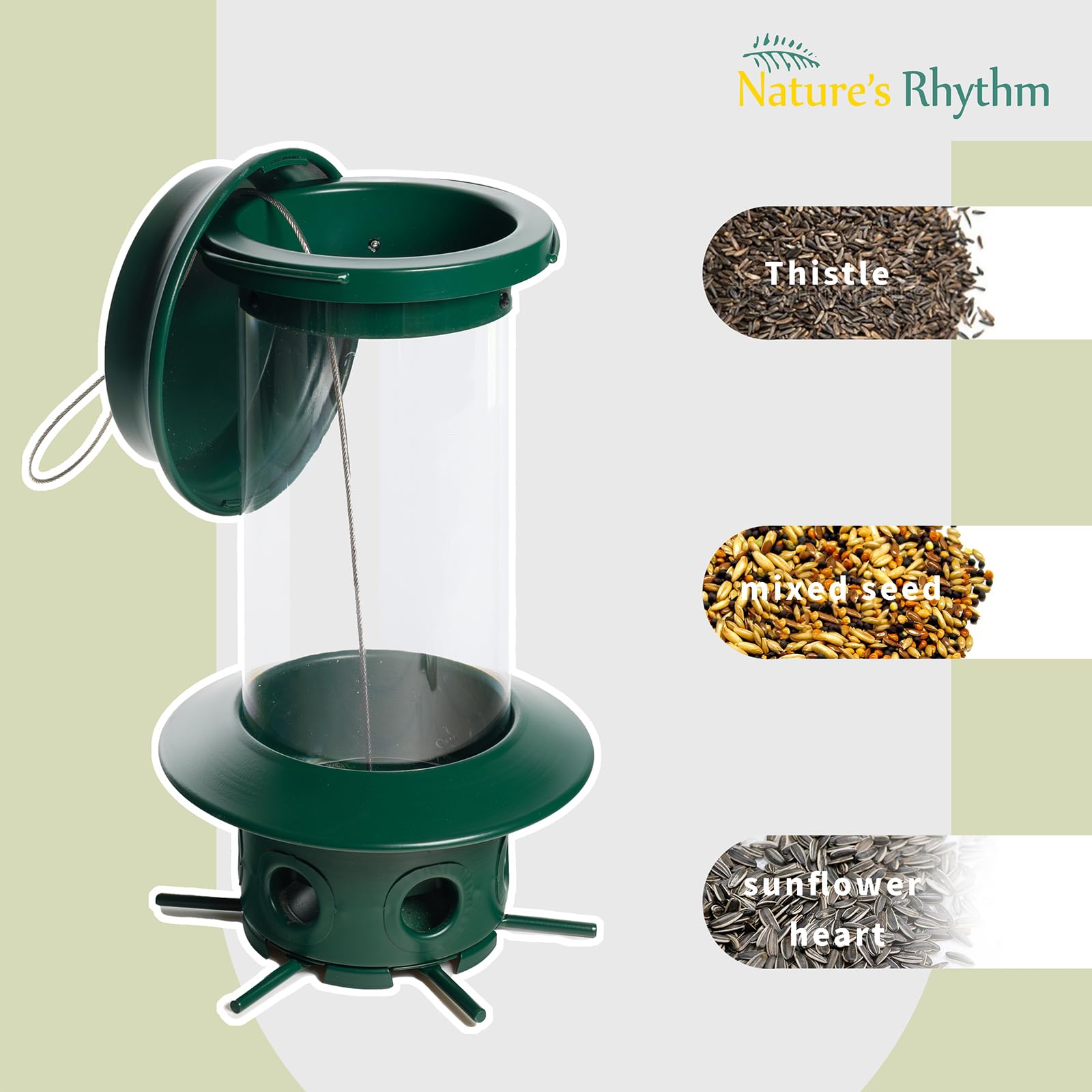 Nature's Rhythm metal hanger and base emphasizing durable construction and rust resistance
