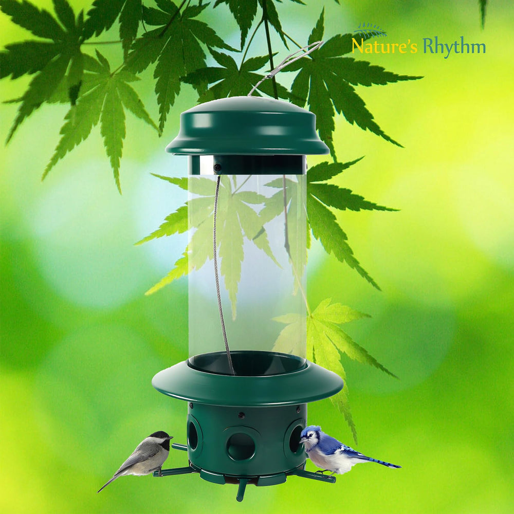 Nature's Rhythm filled feeder next to ruler showing 6 lb capacity and reduced refills