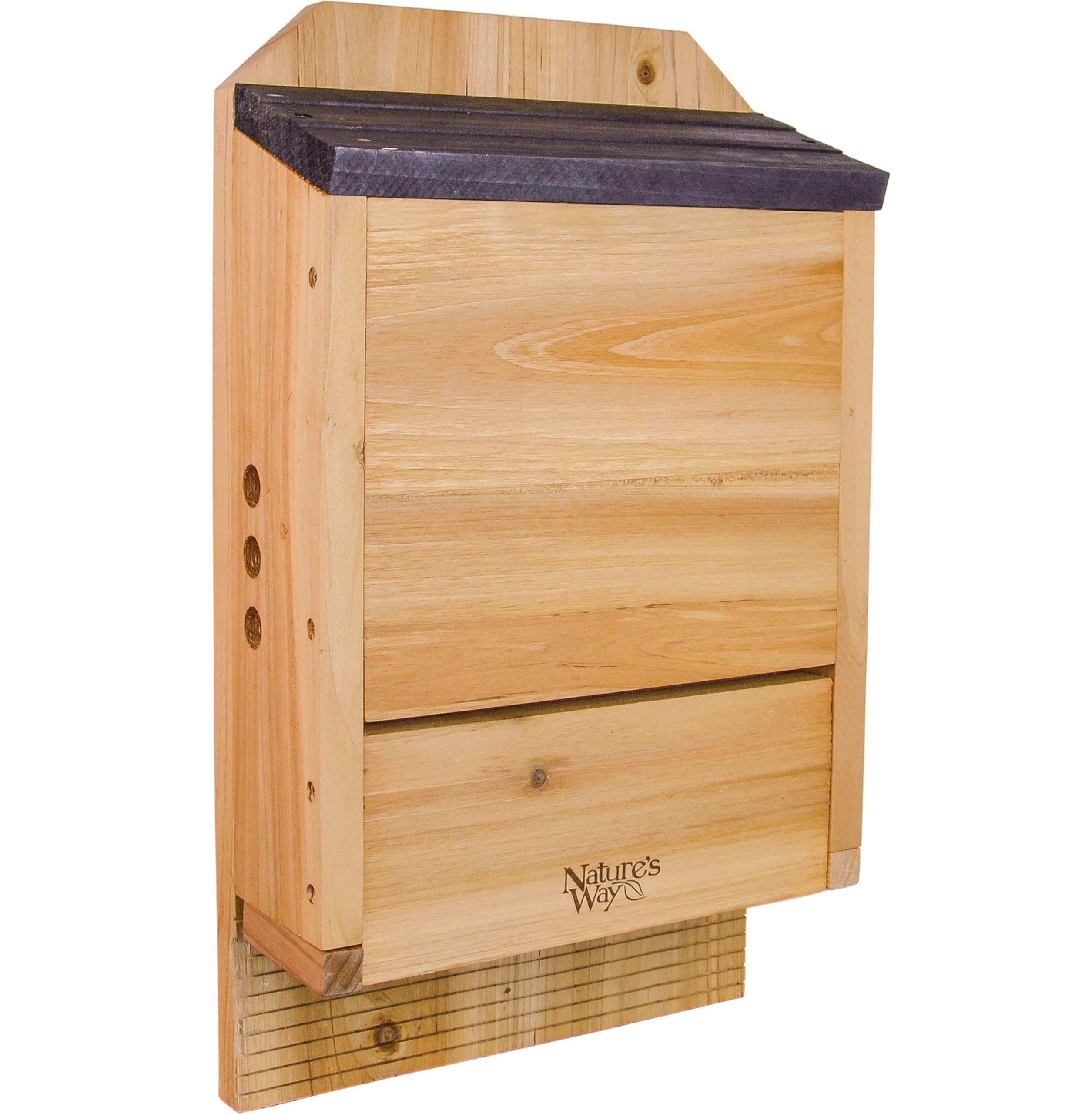 Nature's Way front view cedar bat house showing sturdy exterior and mounting benefit