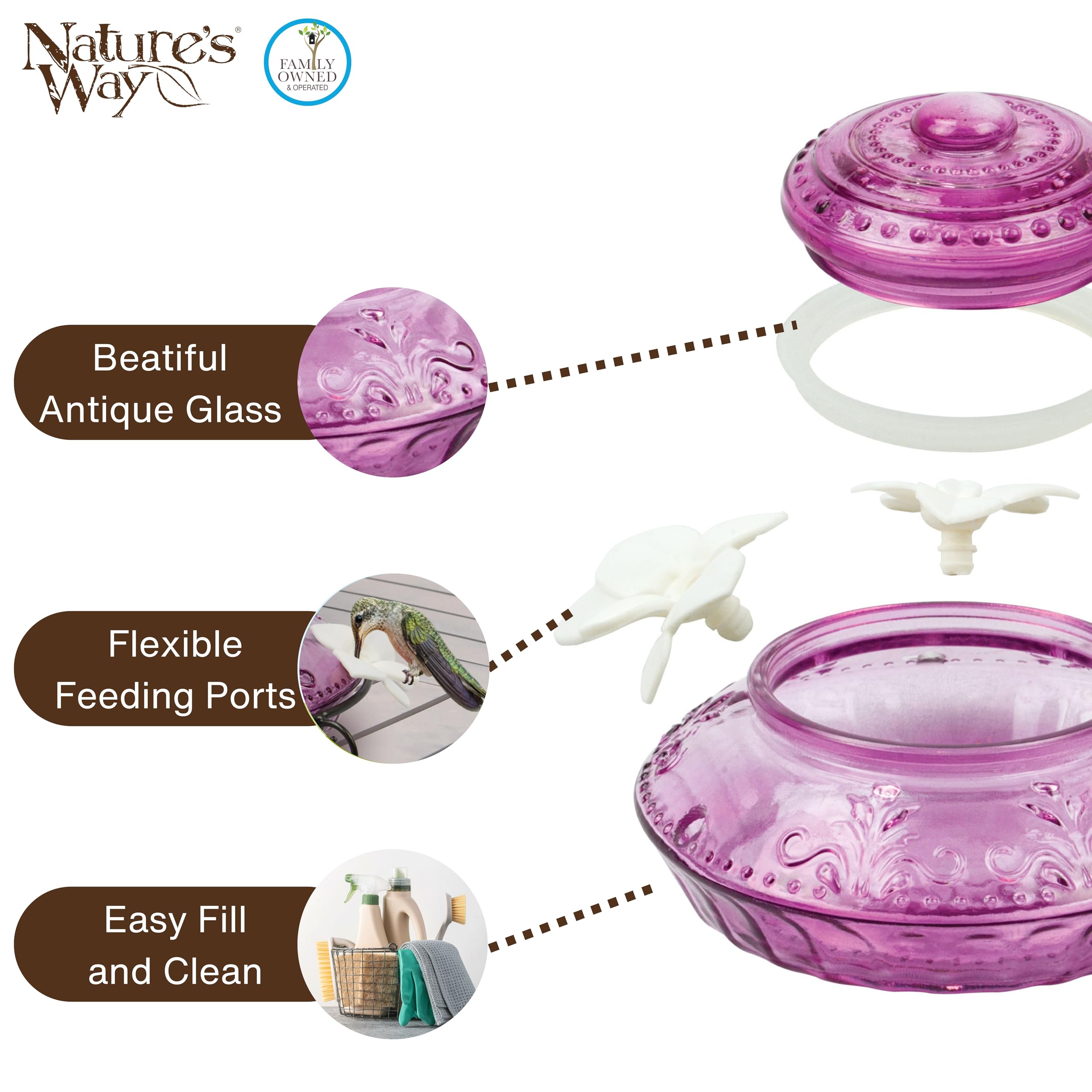 Nature's Way feeder hanging in basket demonstrating flexible hanging placement