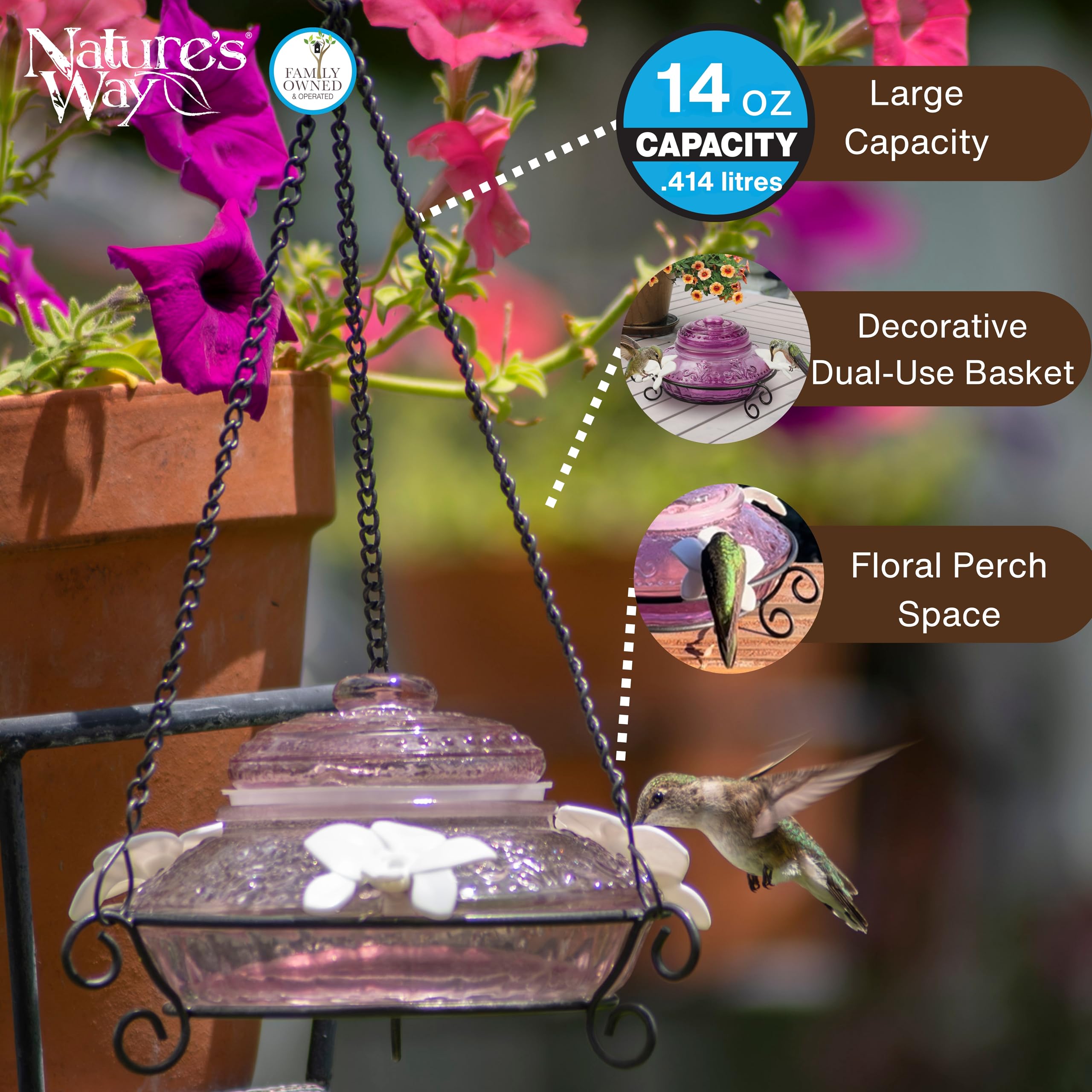 Nature's Way close-up of three lifelike flower ports showing leak-resistant fit