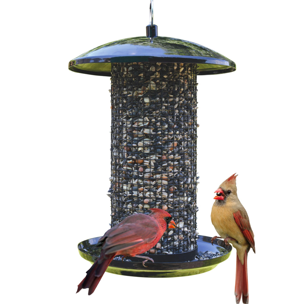 Nature's Way front view of midnight metal mesh feeder shows durable design and invites birds