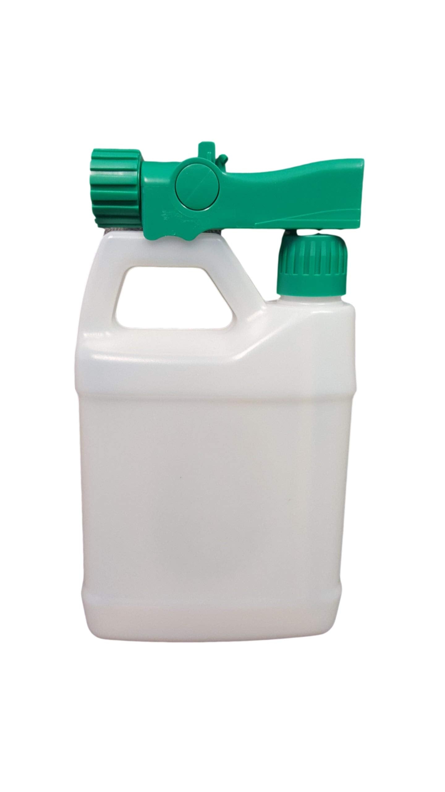 Natures Wisdom sprayer attached to hose spraying lawn for even coverage