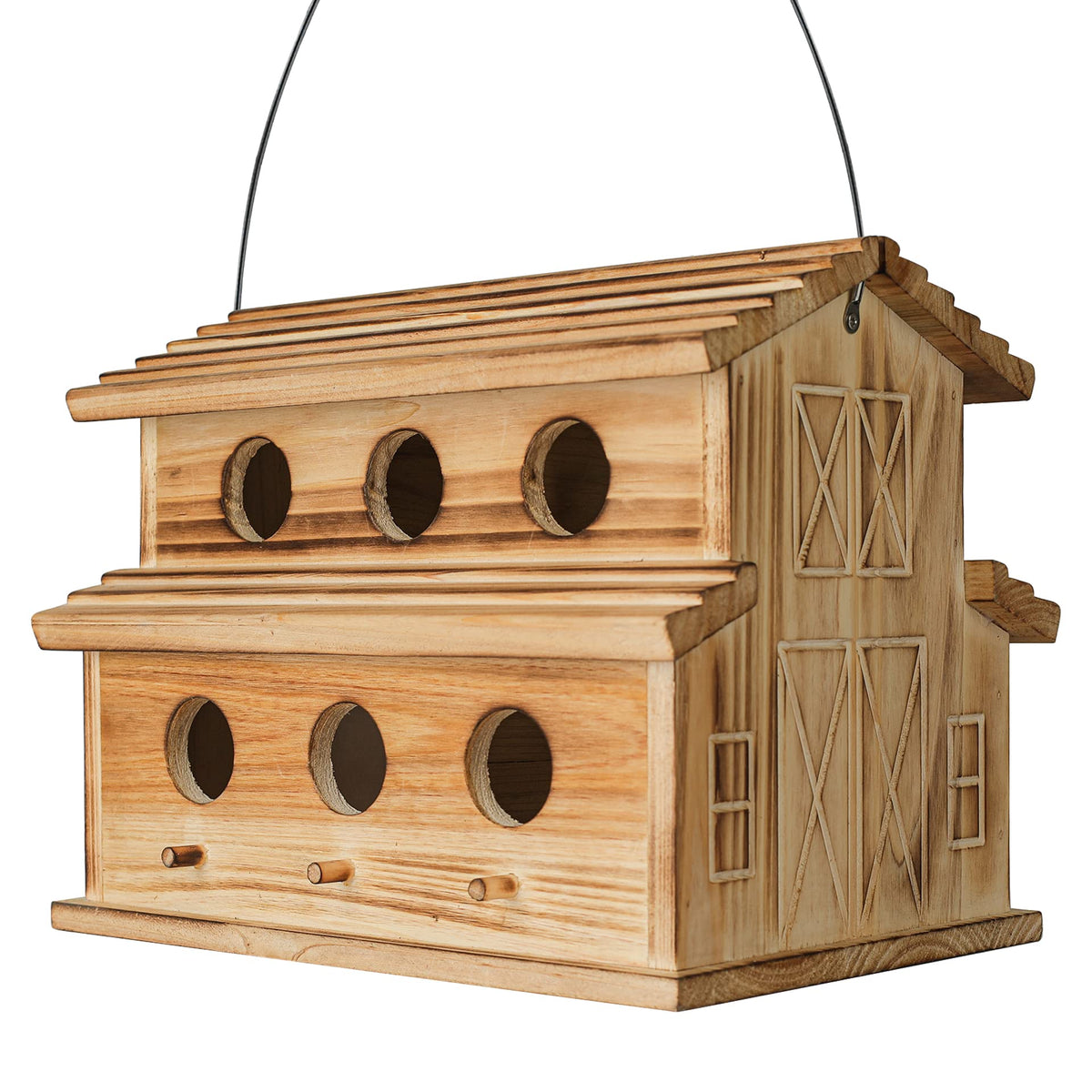 NATUREYLWL front view showing six entrances and decorative blue finish benefit attracts birds