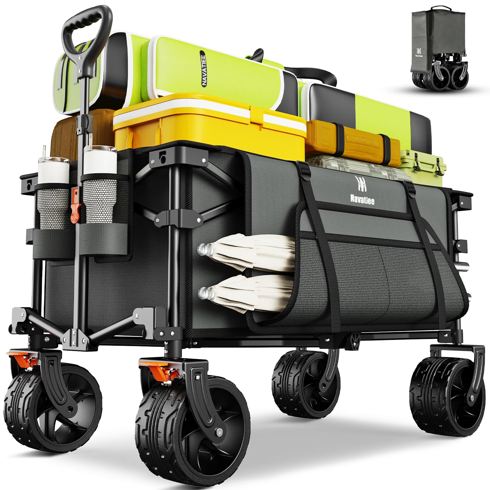 Navatiee front view open showing sturdy frame and roomy cargo benefit