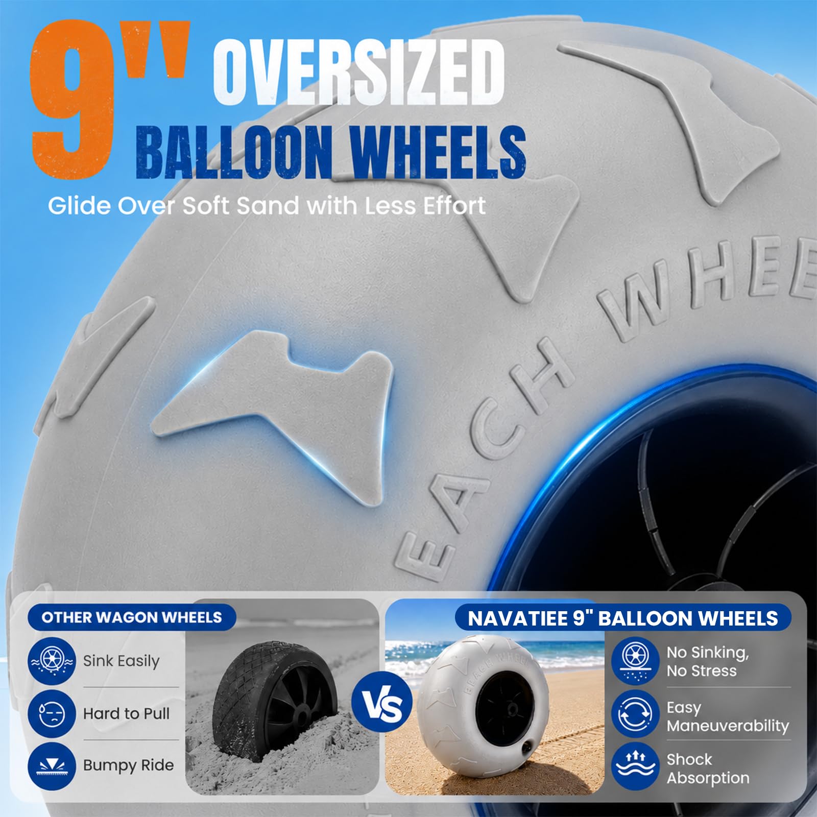 Navatiee closeup of 9" balloon wheel improving sand mobility