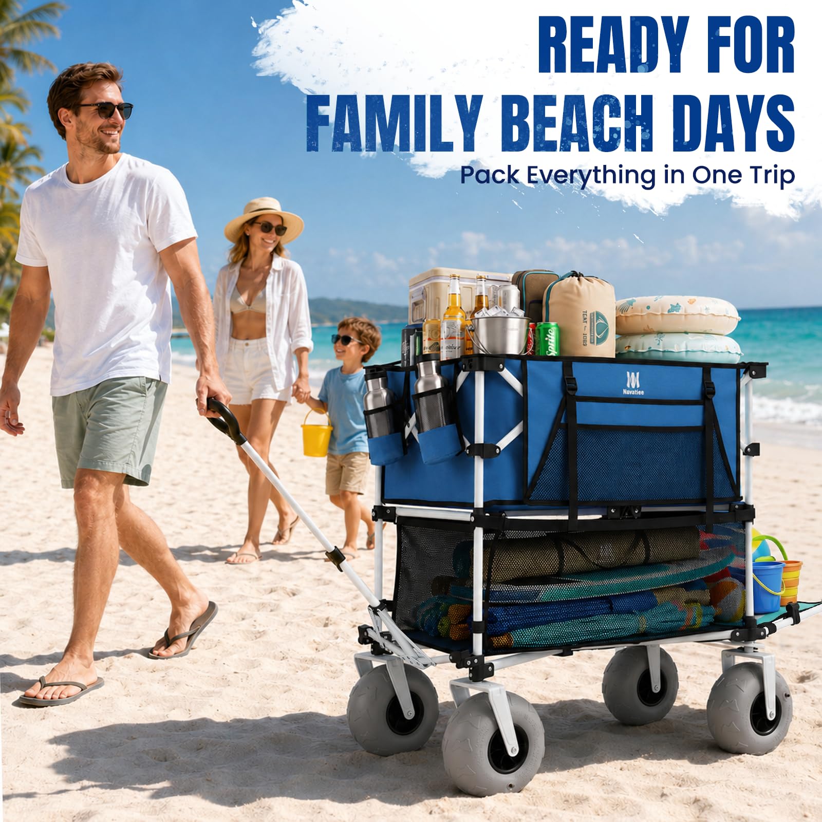 Navatiee wagon on beach with family demonstrating easy transport