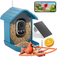 NAVFS front view of bird feeder showing camera and clear feeder for easy bird watching