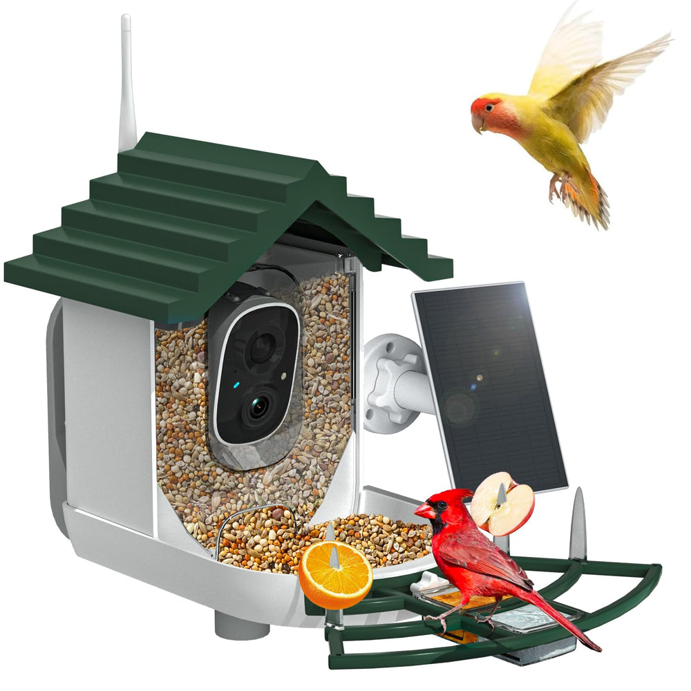 NAVFS feeder front view showing camera and design attracting birds