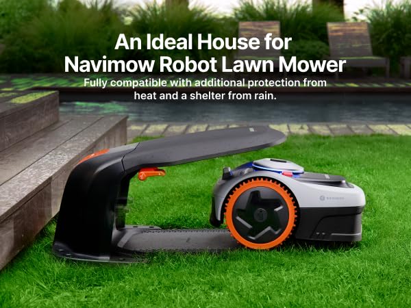 NAVIMOW garage S in garden setting showing shelter blending with yard