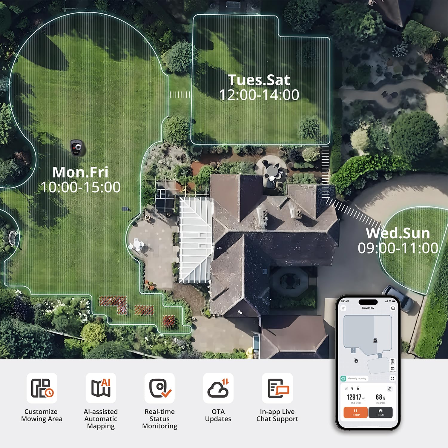 NAVIMOW app mapping screen illustrating simple virtual boundary setup benefit
