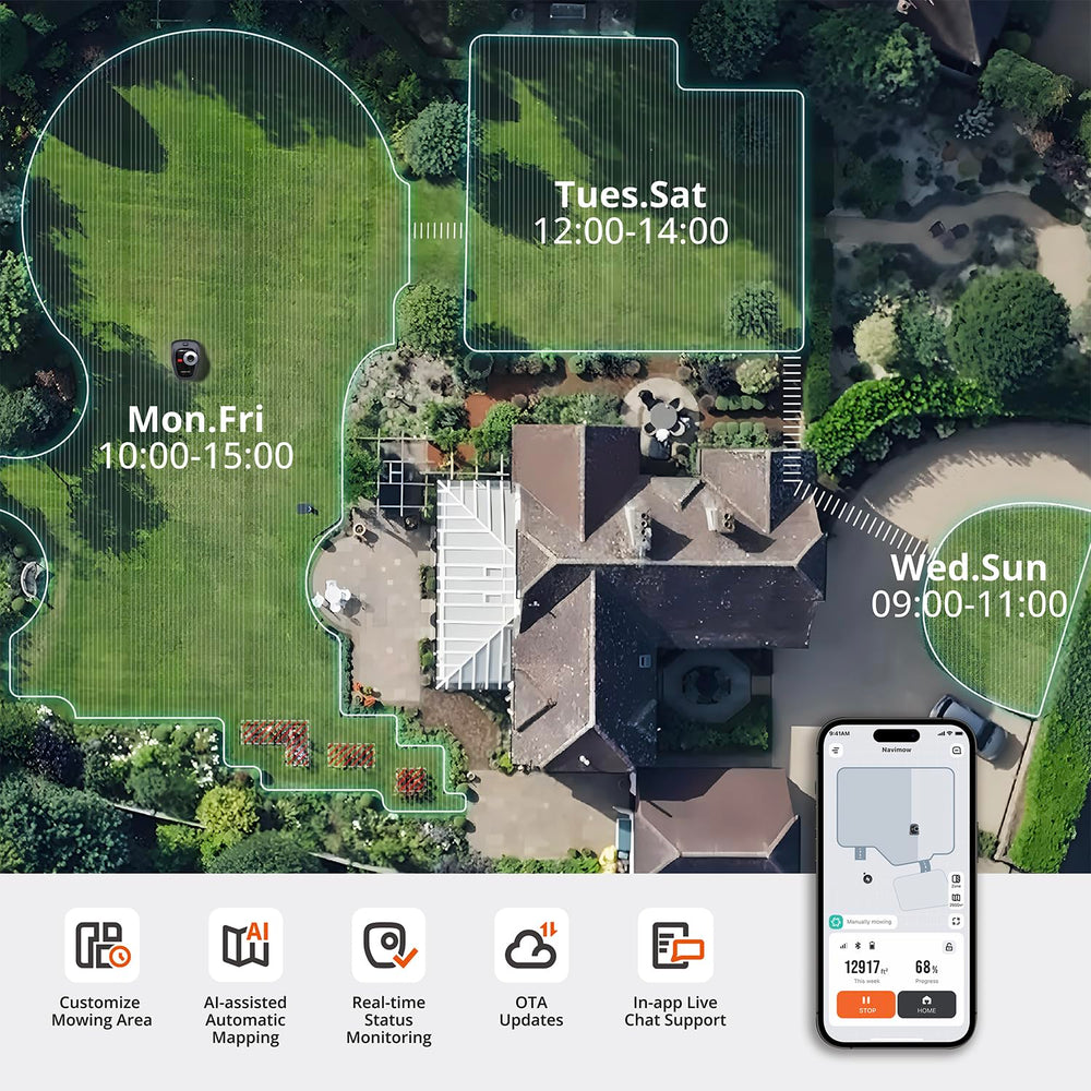 NAVIMOW app mapping screen illustrating simple virtual boundary setup benefit