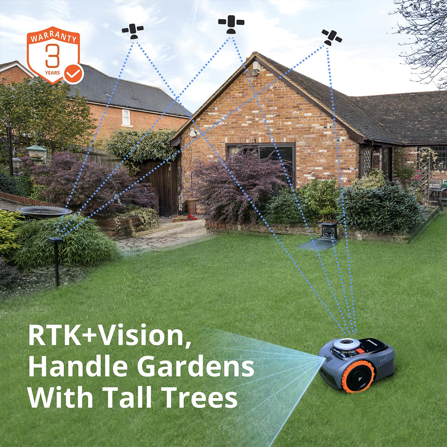 NAVIMOW charging station set up on lawn demonstrating easy recharging benefit