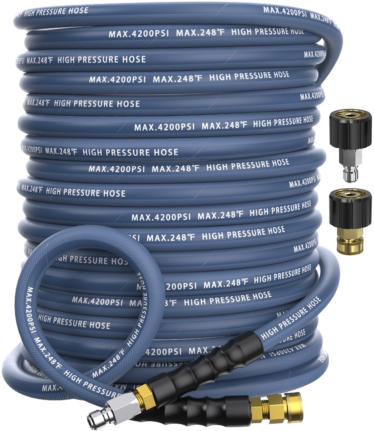 NAVOHEVEN coiled 100ft hose showing full length and portability benefit