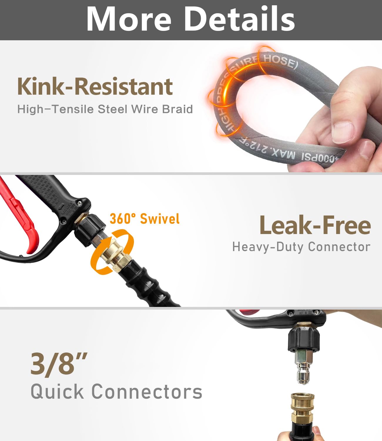 NAVOHEVEN hose next to a tape measure showing 100ft length for extended reach