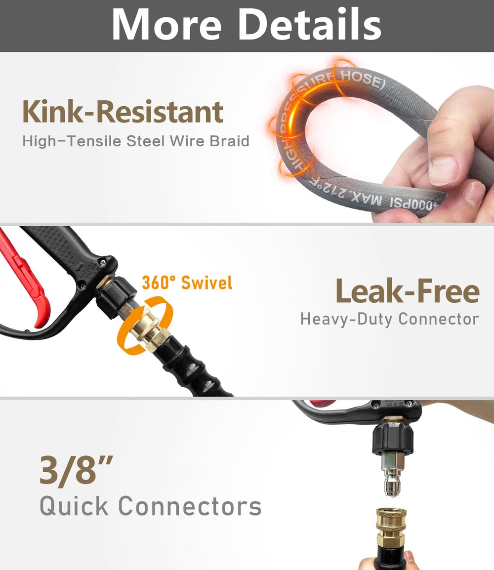 NAVOHEVEN hose next to a tape measure showing 100ft length for extended reach