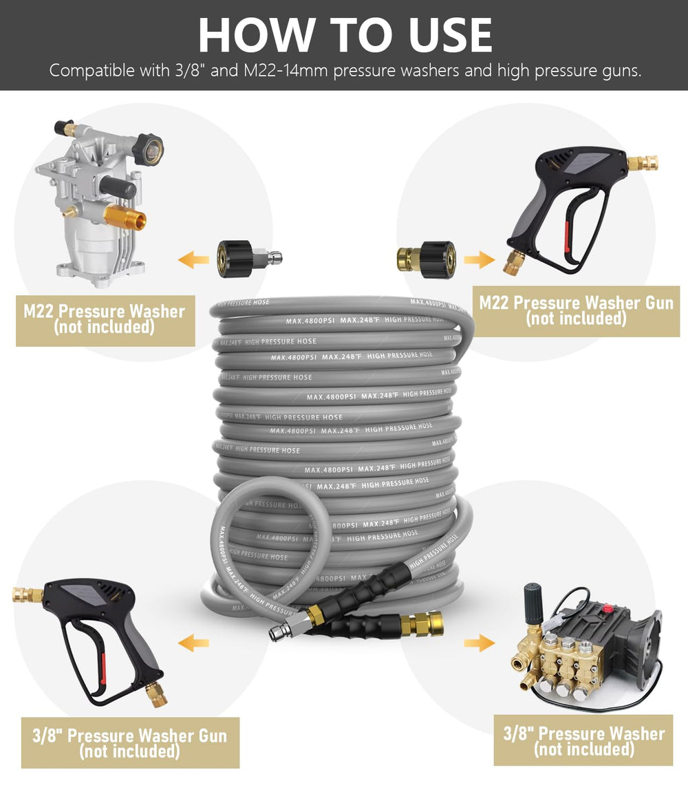 NAVOHEVEN hose beside pressure-washer tool showing scale and professional readiness