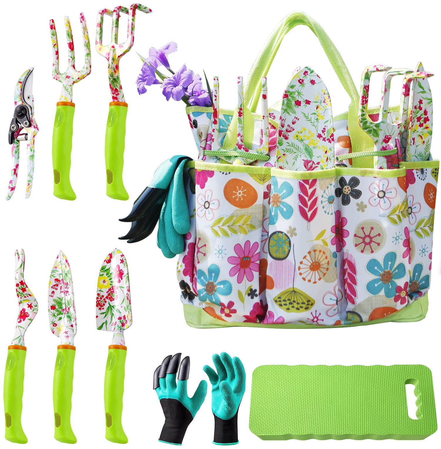 NAYE tote bag with nine floral tools neatly organized for easy transport