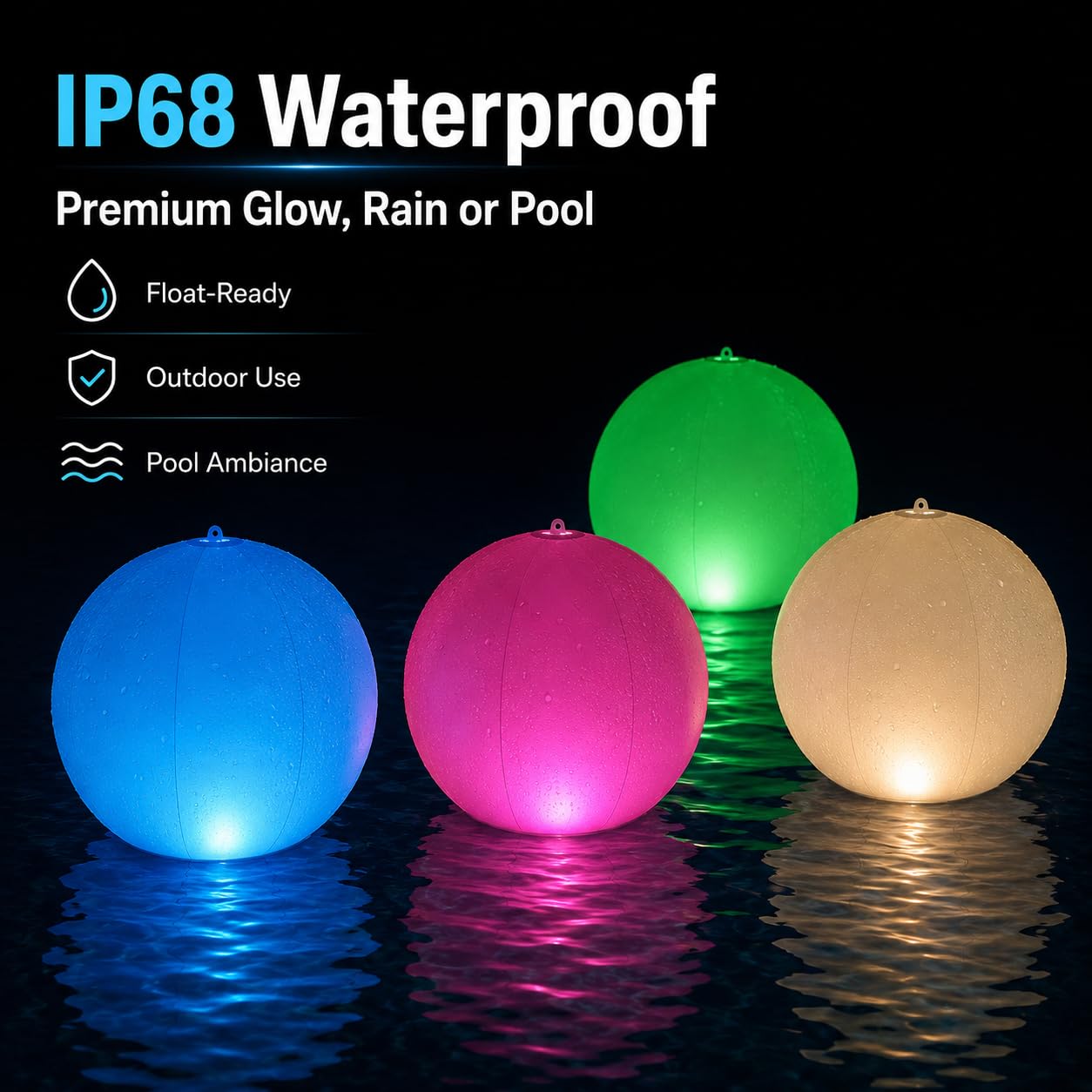 NAYUNA floating lights in pool at night creating colorful ambient atmosphere