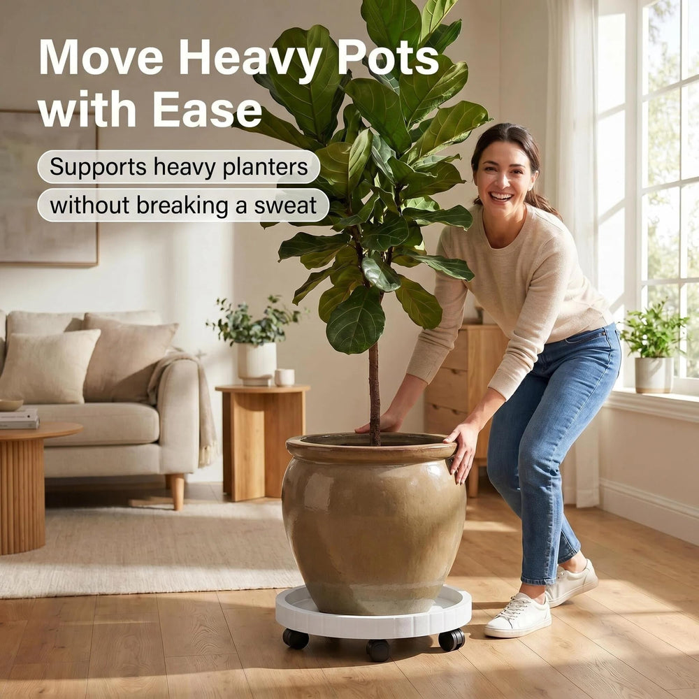 NAZKAEN outdoor patio scene with wheeled saucer resisting weather and simplifying plant care