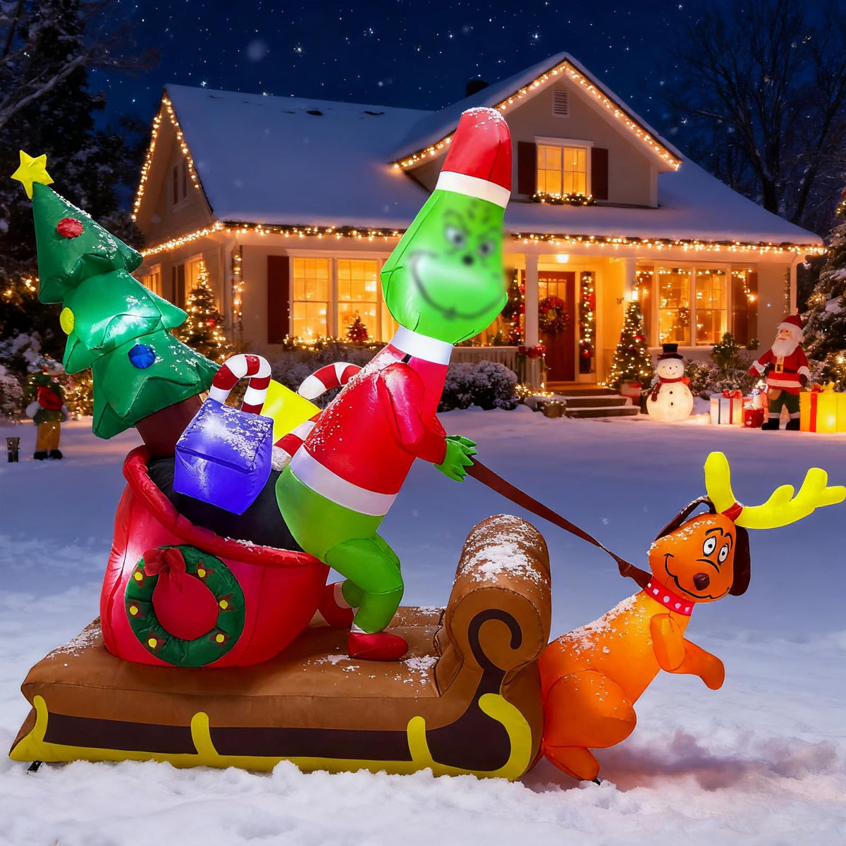 NBDIB front view of green monster inflatable showing festive character and curb appeal