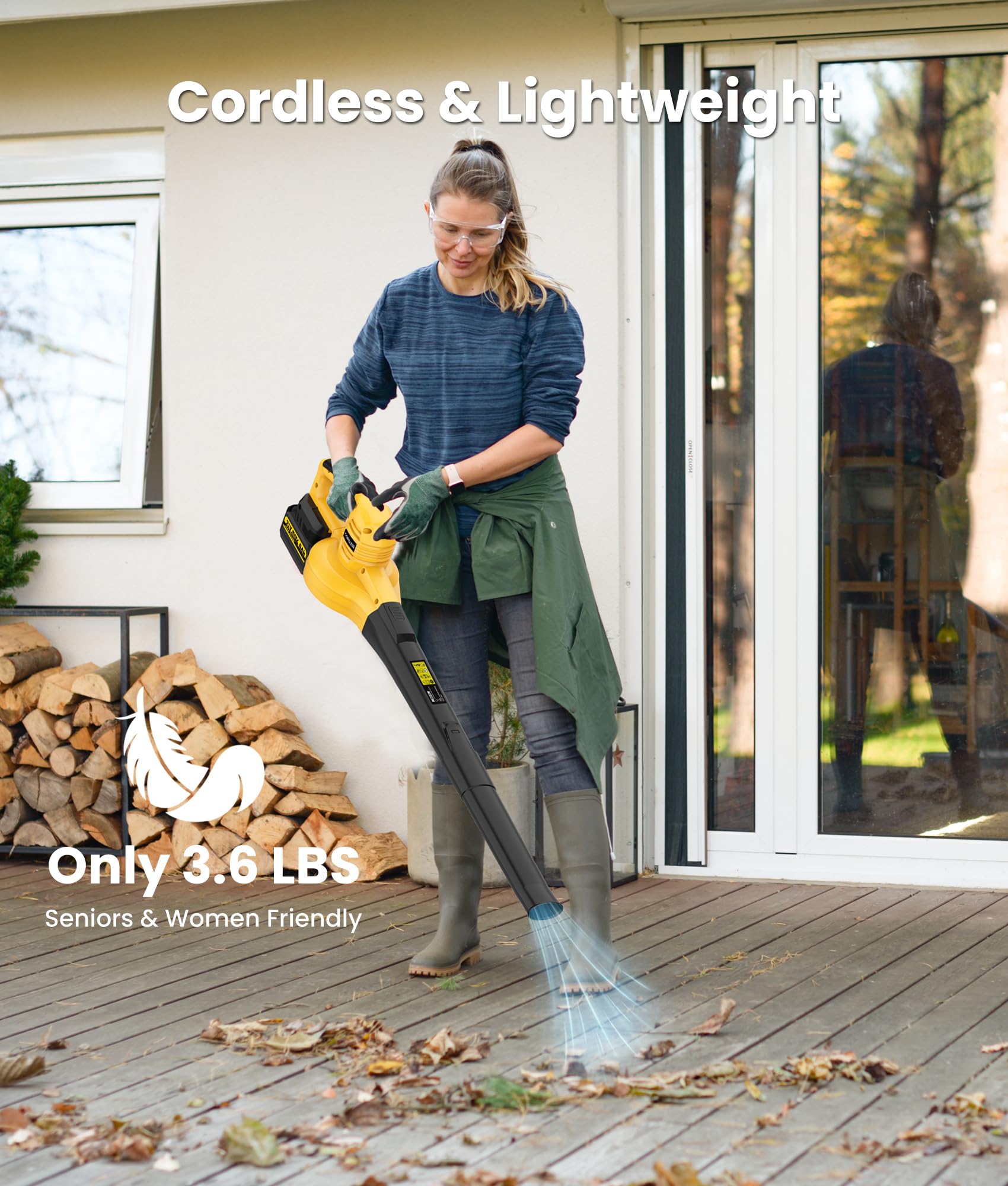 NCOEN lifestyle shot cleaning a patio showing quiet easy yard care benefit