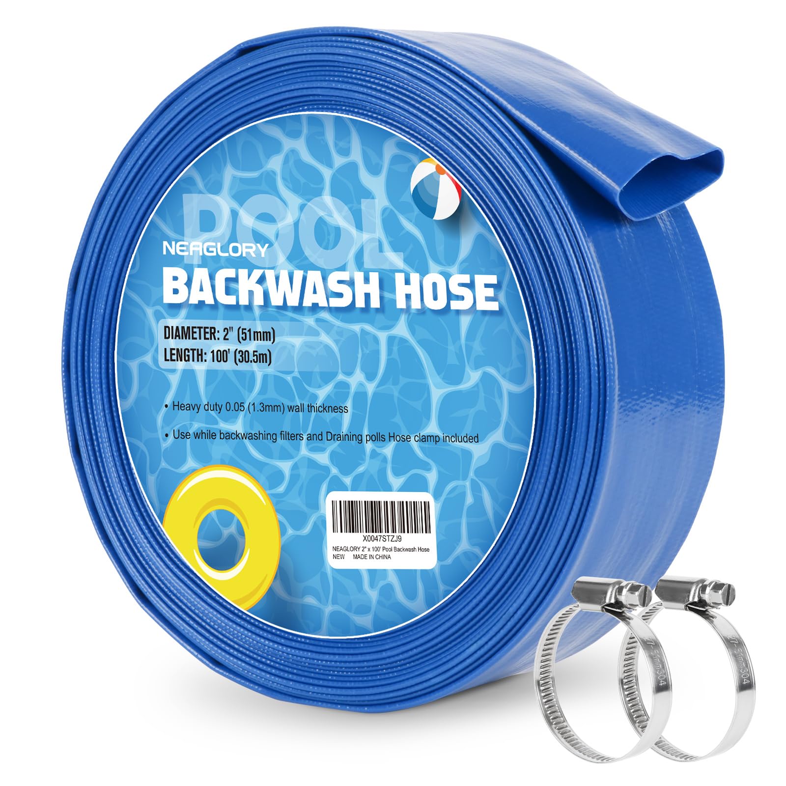 NEAGLORY front view of 2x100 pool hose showing durable construction and labeling benefits