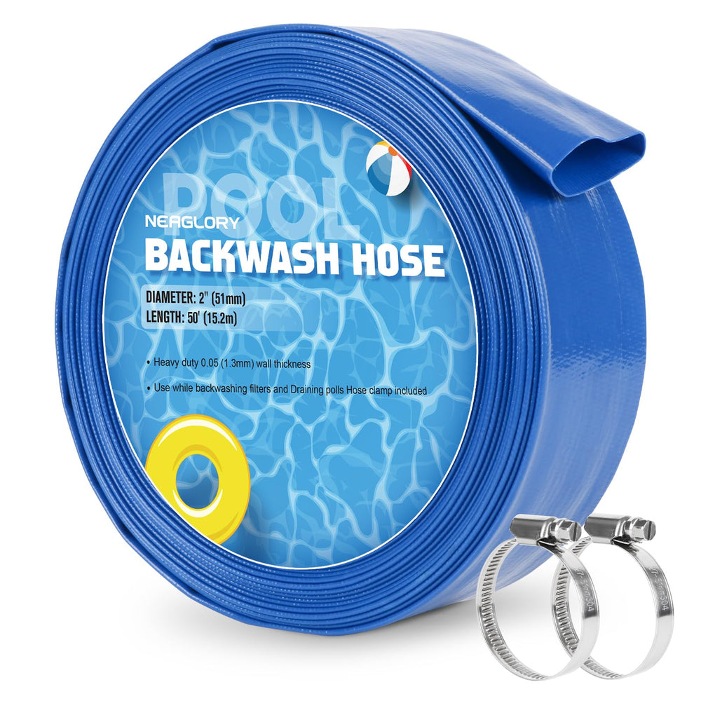NEAGLORY front view of 2x50' pool backwash hose showing size and packaging benefit