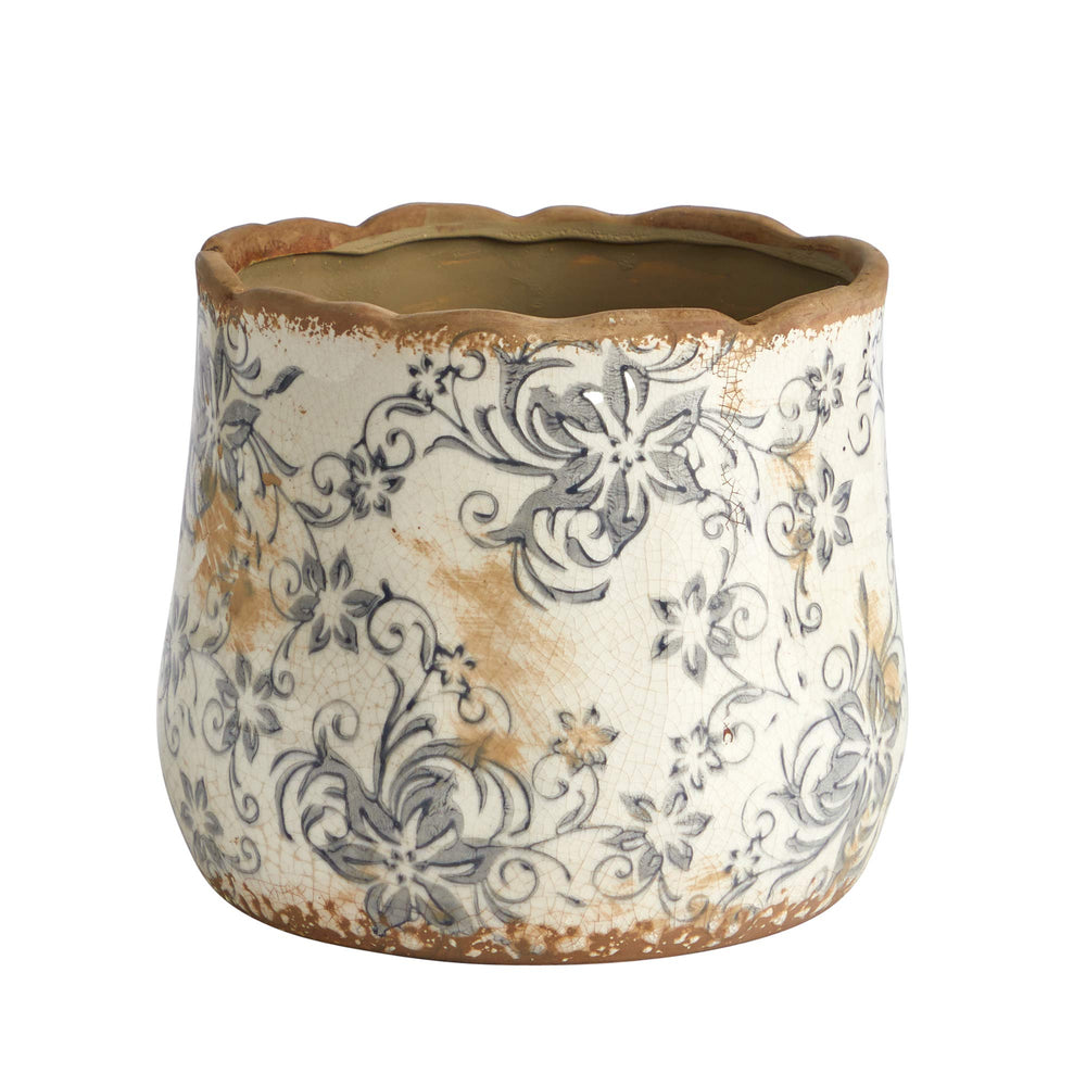 Nearly Natural front view of gray scroll planter showing rustic charm and stability