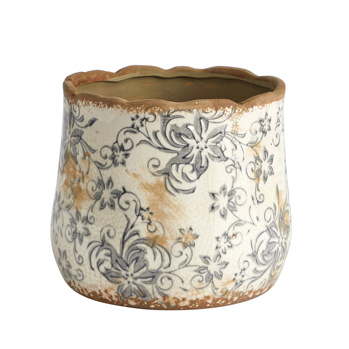Nearly Natural front view of gray scroll planter showing rustic charm and stability