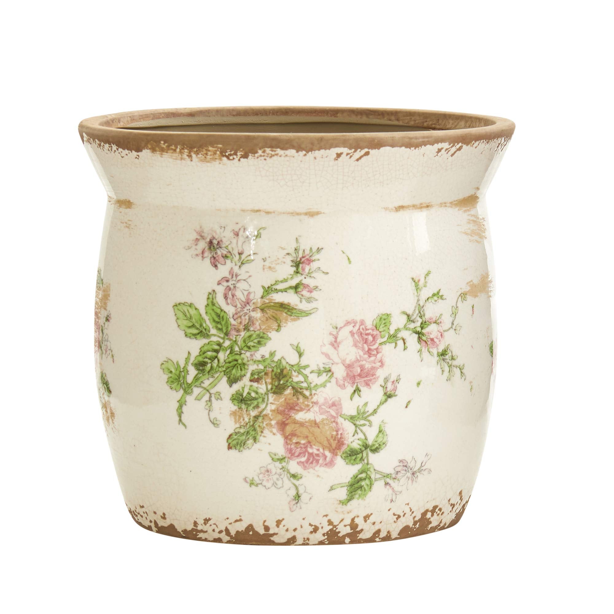 Nearly Natural planter front view showing floral pattern and vintage charm