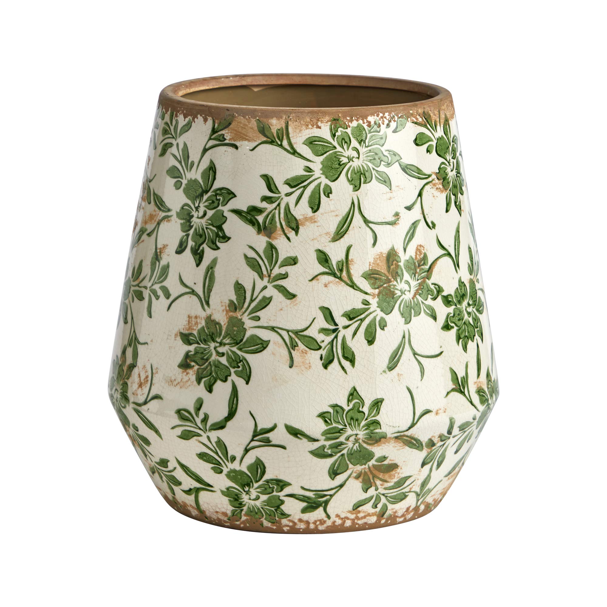 Nearly Natural Tuscan ceramic green scroll planter front view showing shape and vintage charm