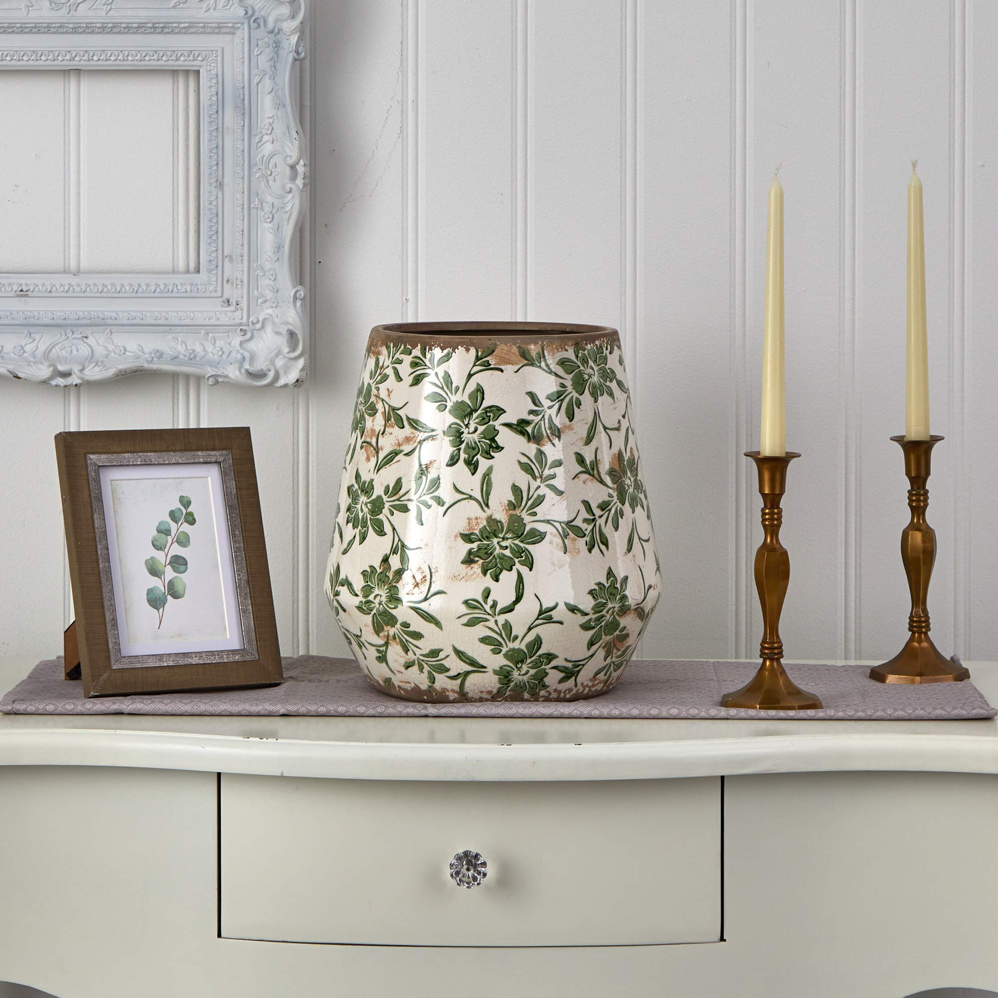 Nearly Natural Tuscan planter staged with faux flowers showing styling and height benefit