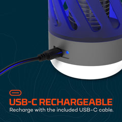 NEBO mini bug zapper held in hand to show compact size and portable convenience