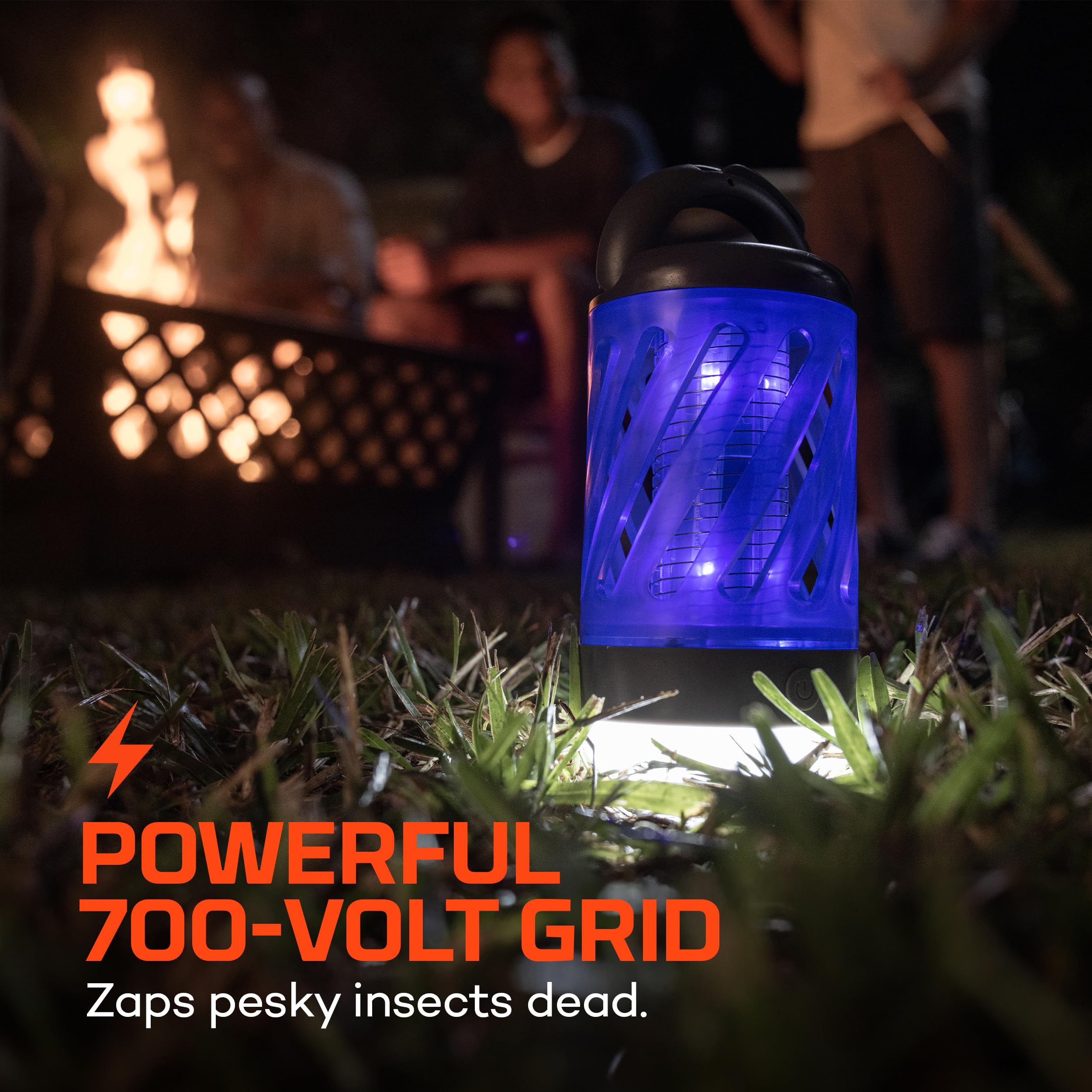 NEBO mini bug zapper lit in lantern mode providing bright campsite illumination