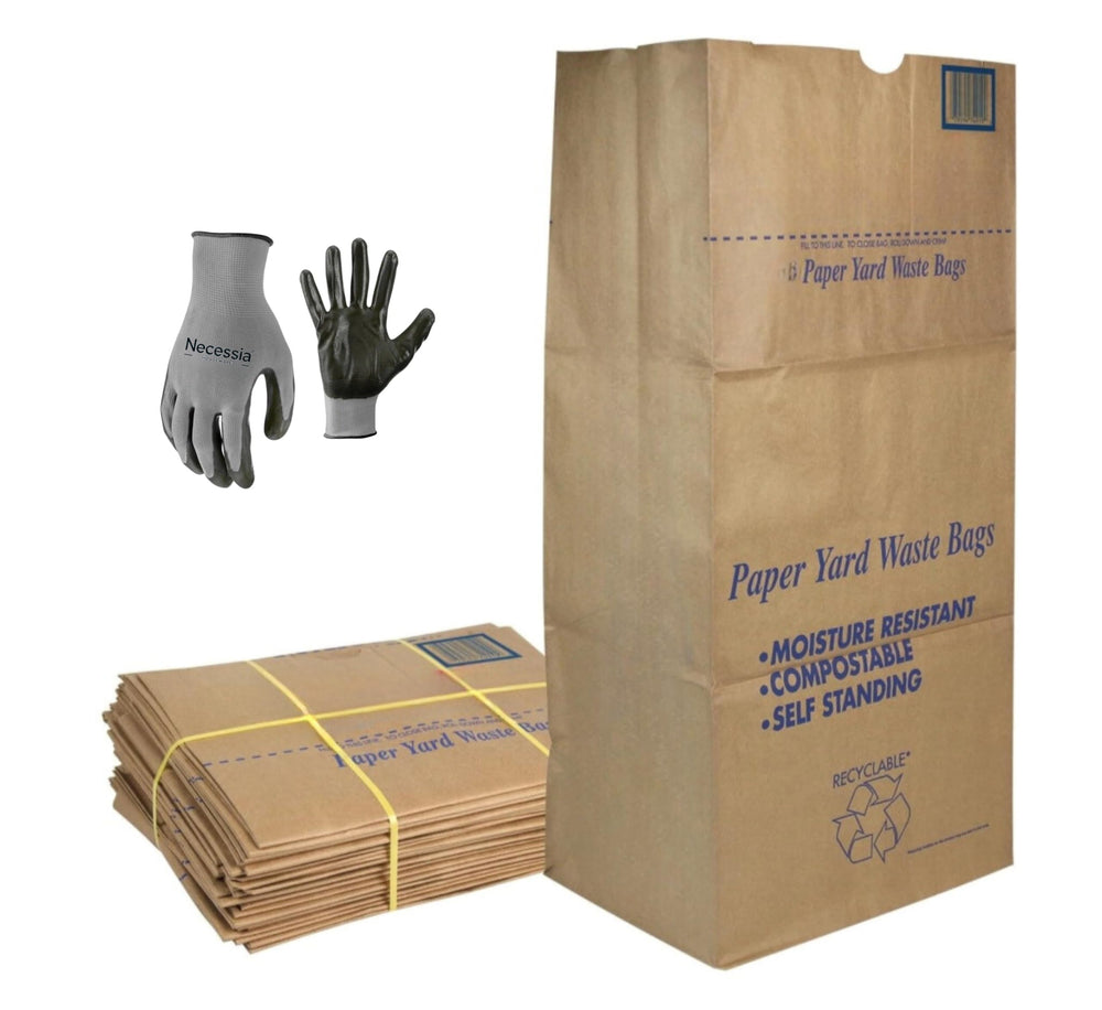 Necessia front packaging showing 30‑gallon bags and garden gloves for durable eco cleanup