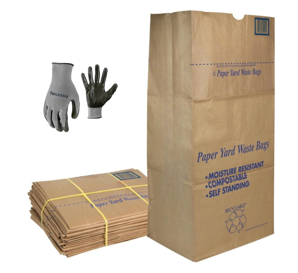 Necessia front packaging showing 30‑gallon bags and garden gloves for durable eco cleanup