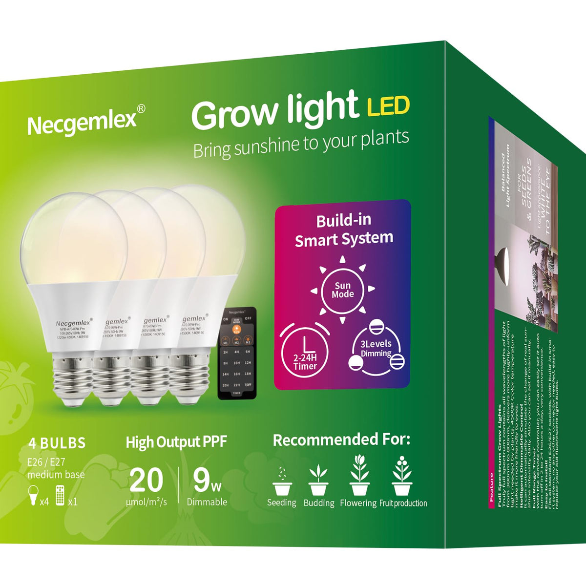 Necgemlex front view of bulb and packaging showing product and key features