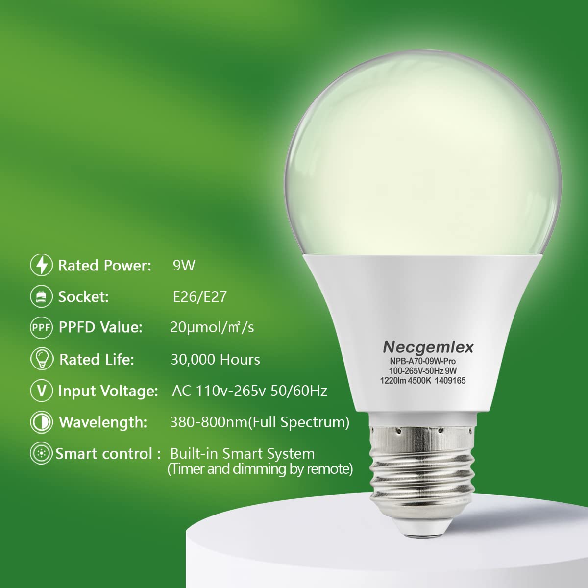 Necgemlex bulb held in hand to show size and E26/E27 compatibility