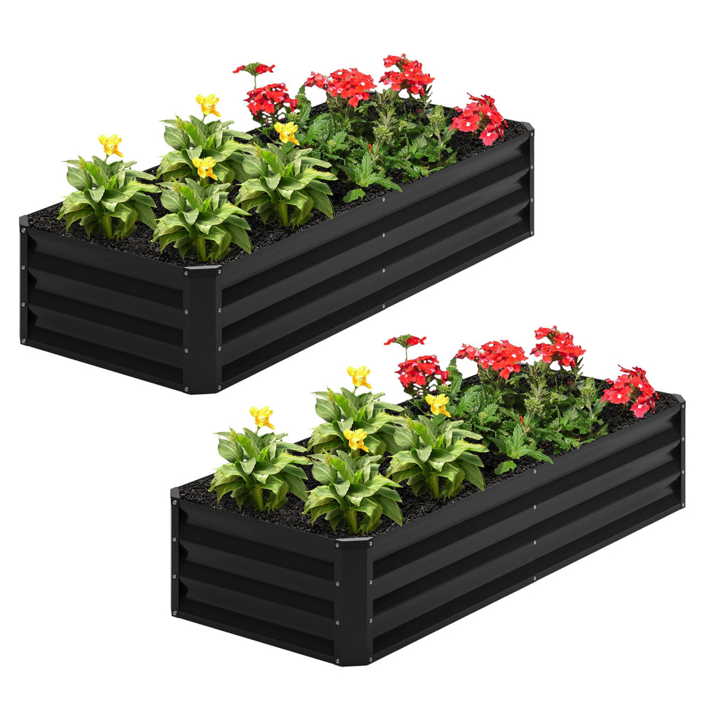 Nedenyou front view of two assembled galvanized planter beds showing clean profile and space