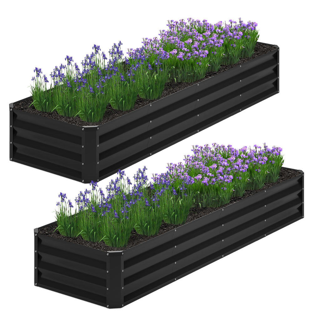 Nedenyou front view of two black galvanized raised garden beds showing long planting space