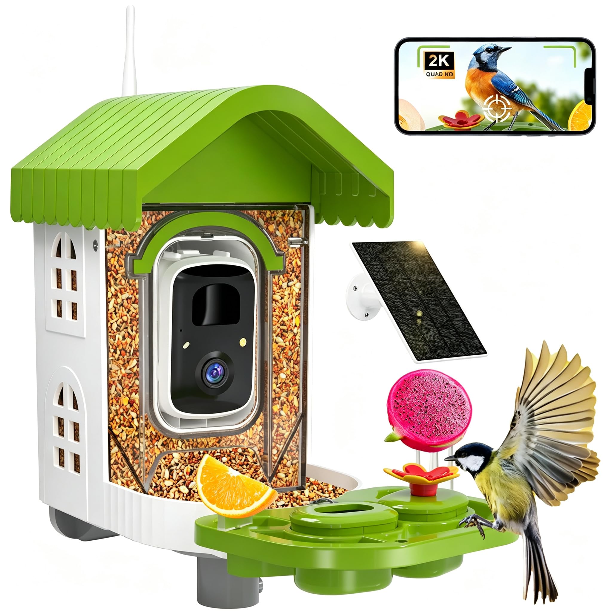 NEEZUKAR front view green feeder showing durable housing and feeding tray benefits