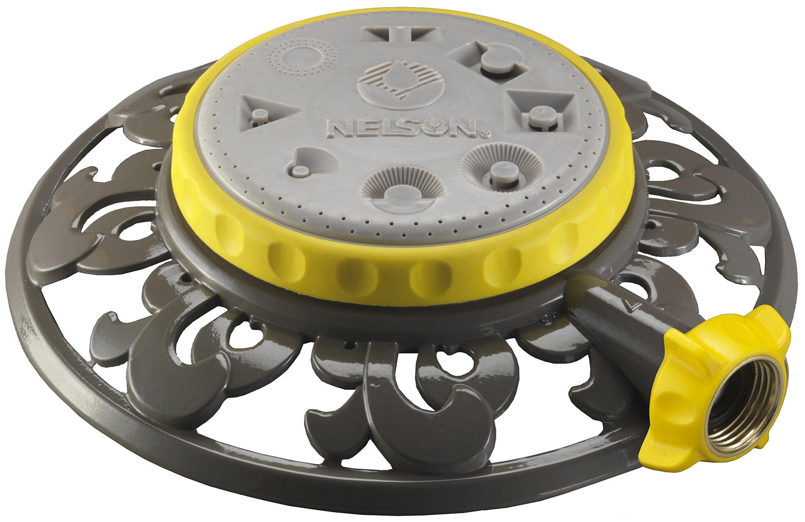 Nelson sprinkler decorative metal base front view showing stability and curb appeal